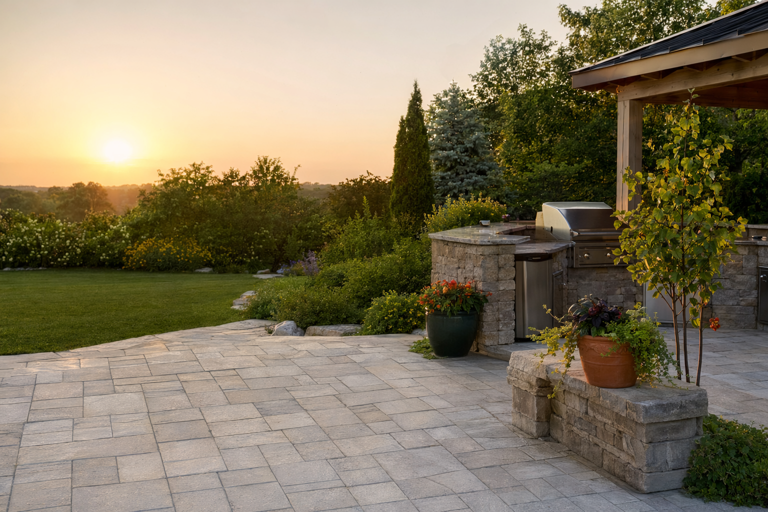 A finished backyard outdoor living space with a paver patio and outdoor kitchen