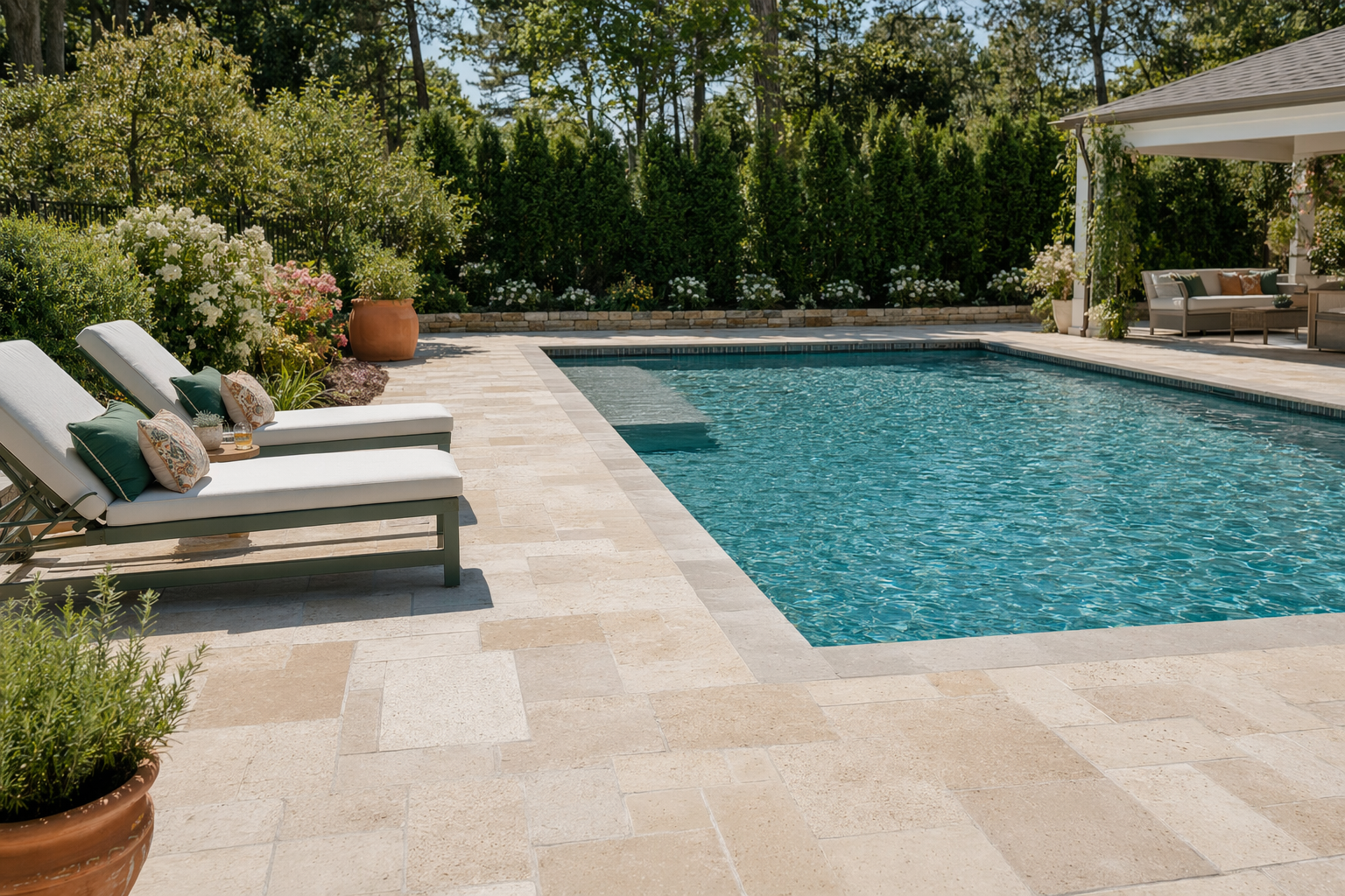 Pool decks and patio surrounds — cool, safe surfaces
